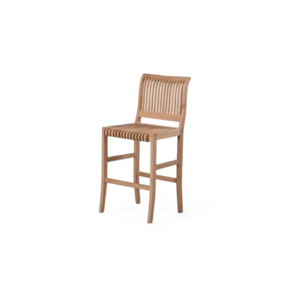 Modern teak wood bar stool with curved back and slatted seat, suitable for indoor and outdoor use.