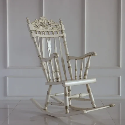 Antique Reproduction Teak Rocking Chair with Crown Carving – Classic Wooden Furniture